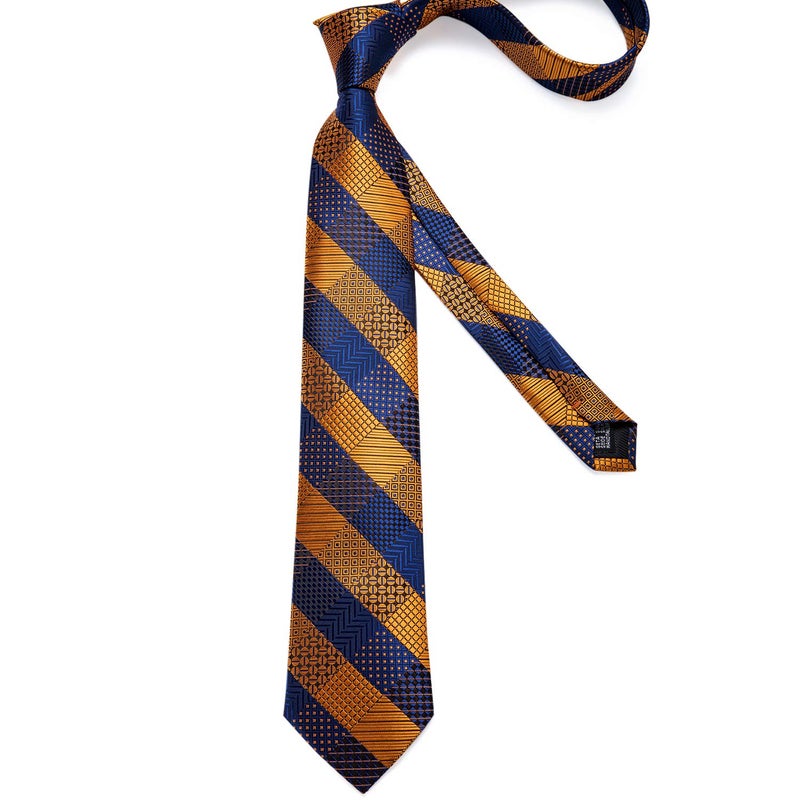 DiBanGu Mens Tie Set Silk Necktie and Gold Tie Ring Pocket Square Cufflinks Formal Business Wedding Ties with Gift Box, Blue and Gold - Image 5